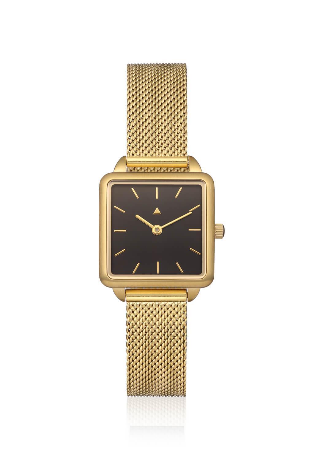 Rectangle watch with a golden mesh strap