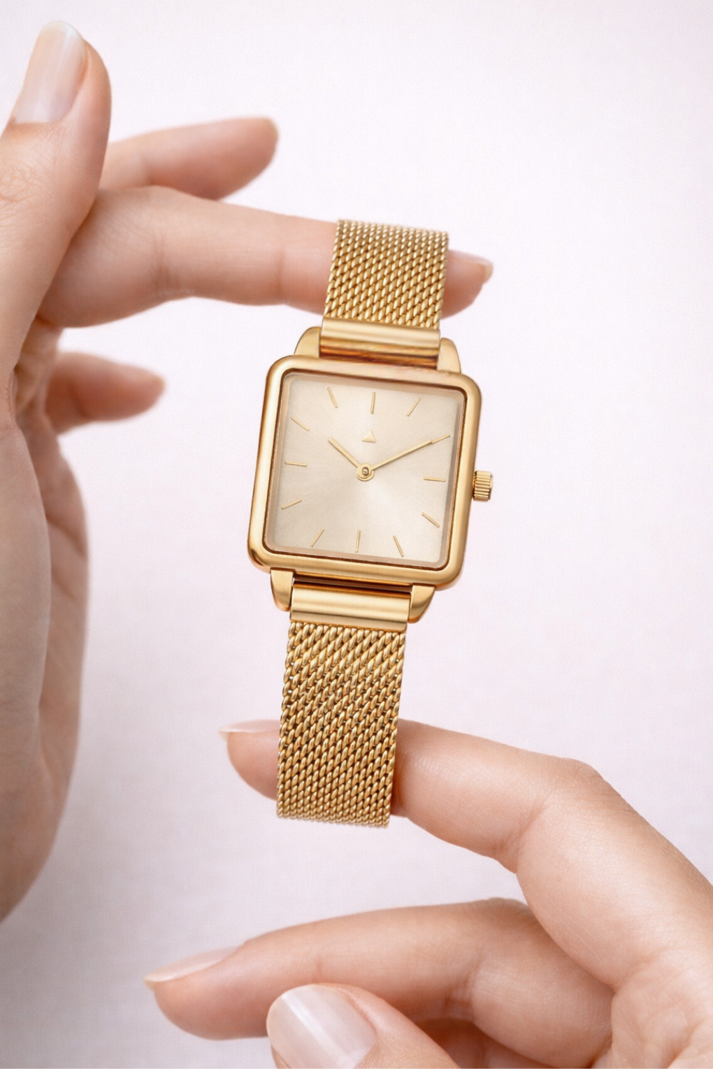 שעון מרובע עם רצועת מש מוזהבת