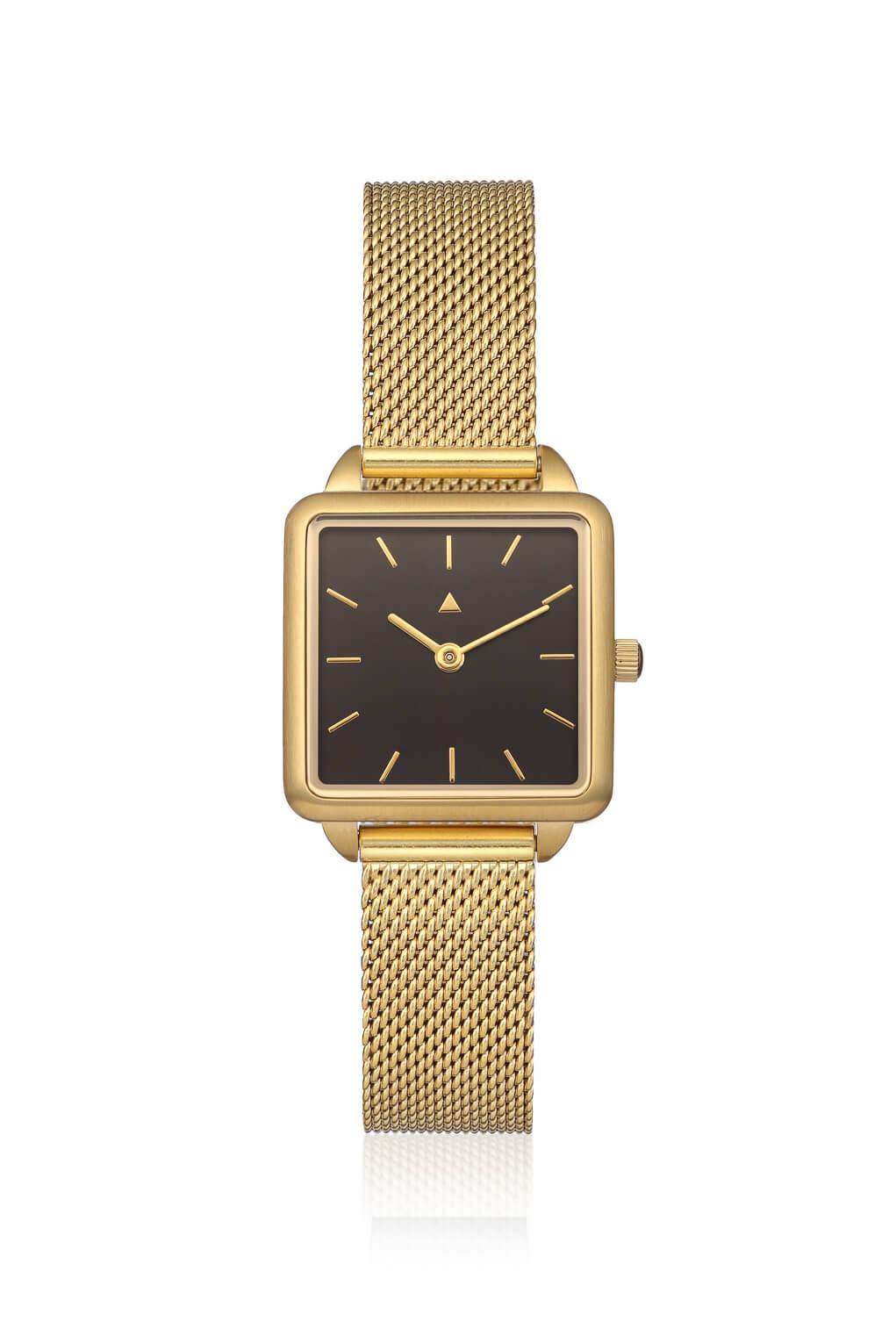 Rectangle watch with a golden mesh strap