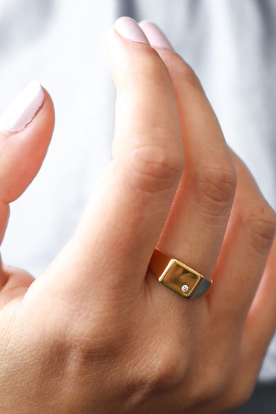 טבעת זהב חותם מרובעת עם יהלום 14k-18k